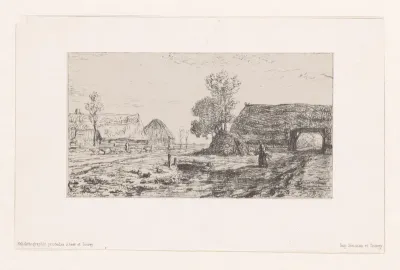 Vrouw in landschap met boerderij en schuur