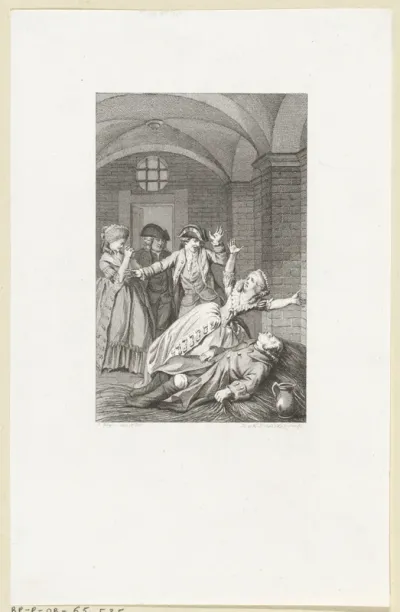 Vrouw in wanhoop bij het lichaam van een man in een gevangeniscel