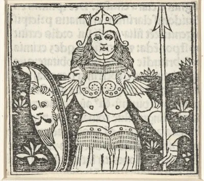 Vrouw in wapenrusting met speer en wapenschild