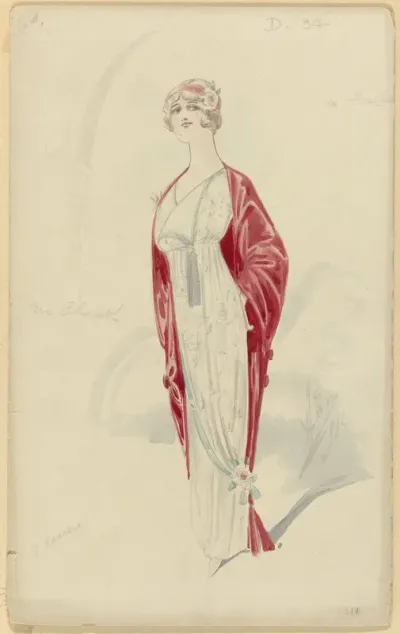 Vrouw in witte avondjurk met bloempatroon, 1914, No. D.34
