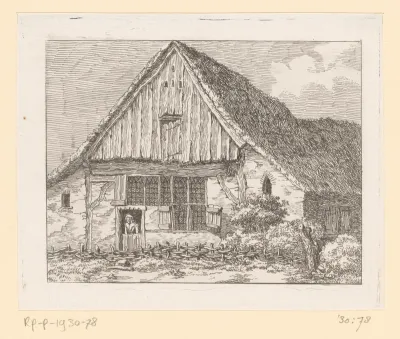 Vrouw kijkend uit de deur van een boerderij bij Staphorst