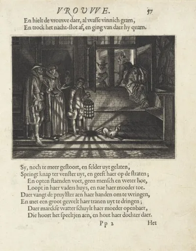 Vrouw klimt door een raam bij nacht