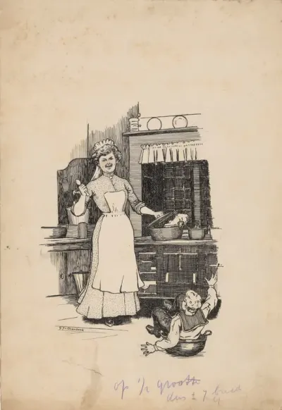 Vrouw lacht om een jongen in een kookpot
