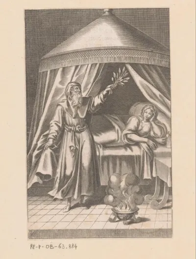 Vrouw liggend in een bed en een oude man met baard voor het bed