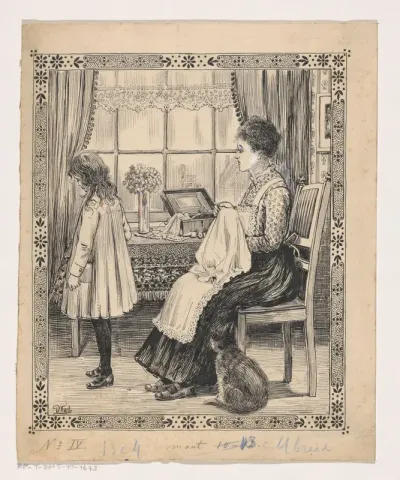 Vrouw, meisje en poes in een interieur