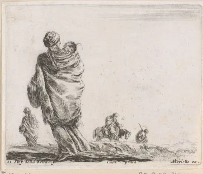 Vrouw met baby op de rug gezien in een landschap met andere figuren