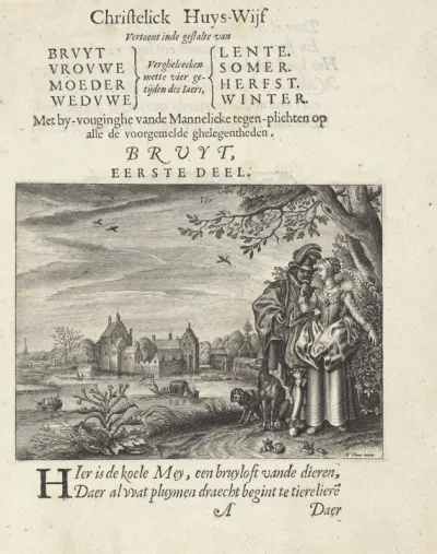 Vrouw met bloem bij een man in een lentelandschap
