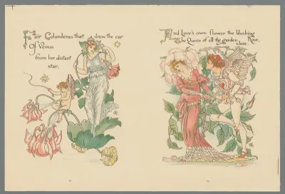 Vrouw met bloemen en liefdespaar omringd door een roos