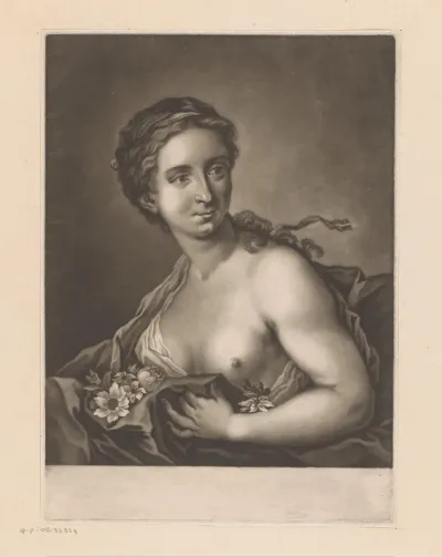 Vrouw met bloemen en ontblote borst