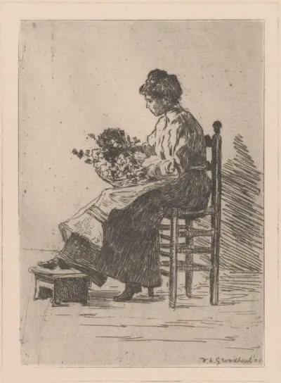 Vrouw met bloemen op haar schoot
