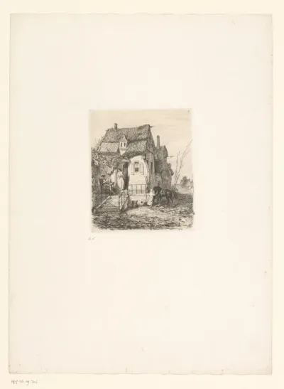 Vrouw met dienblad in de deuropening van een huis waarvoor een lezende man en een figuur met paard