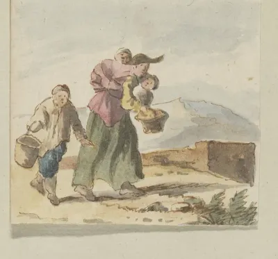 Vrouw met drie kinderen in landschap