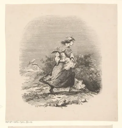 Vrouw met een baby wegrennend van een woning