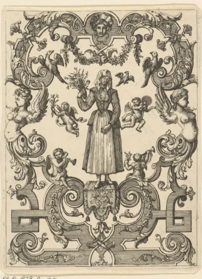 Vrouw met een boeket in de hand in ornamentele omlijsting