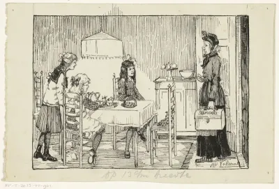 Vrouw met een brooddoos in een deuropening