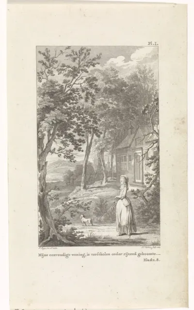 Vrouw met een hond bij een huis in een landschap