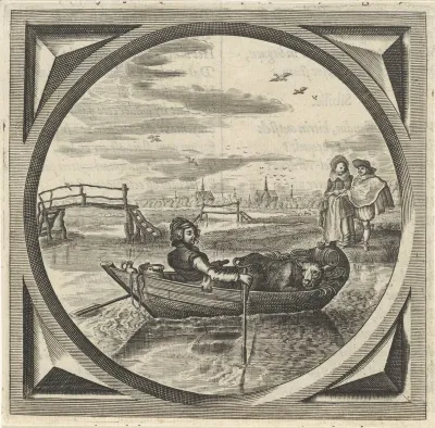 Vrouw met een kalf in een roeiboot