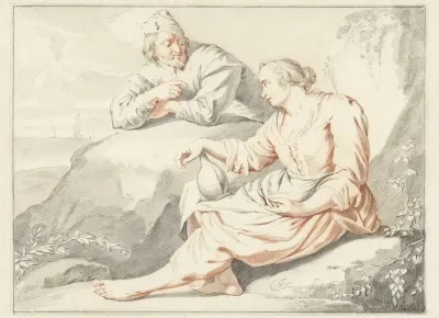 Vrouw met een kruik in gesprek met een man