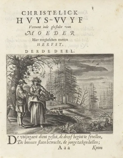 Vrouw met een mand met druiven bij een man in een herfstlandschap