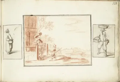Vrouw met een stoof, twee mannen bij een landshuis en een man met manden