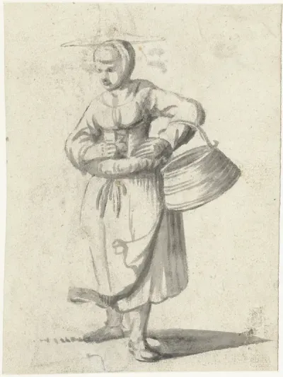 Vrouw met een strohoed en een emmer aan haar arm