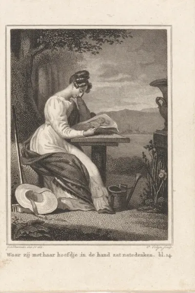 Vrouw met een tekening aan een tafel in een landschap
