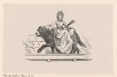 Vrouw met een waaier zittend op de rug van een hond op een daklijst