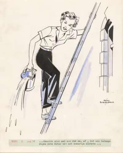 Vrouw met emmer op een ladder