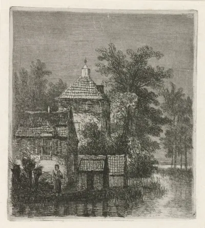Vrouw met emmer voor huis aan een vaart