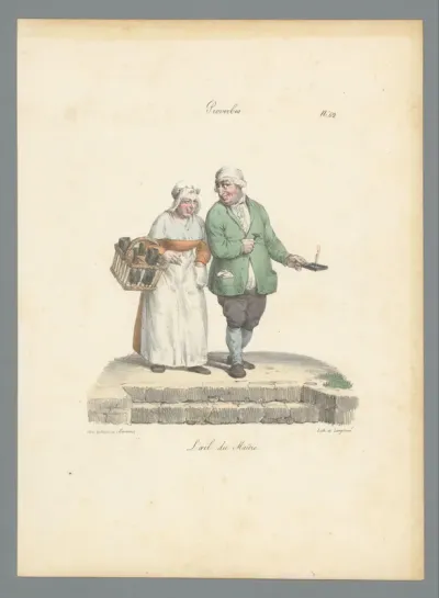 Vrouw met flessenmand en man met kaars