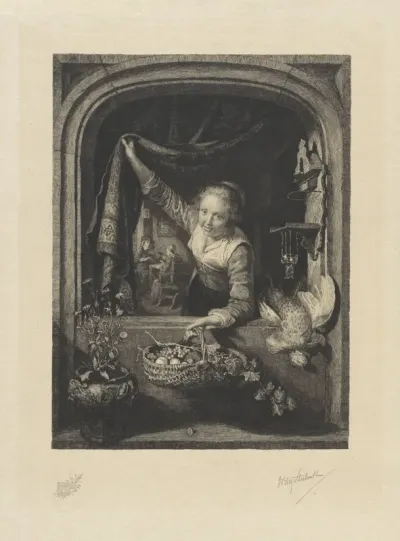 Vrouw met fruitmand in venster