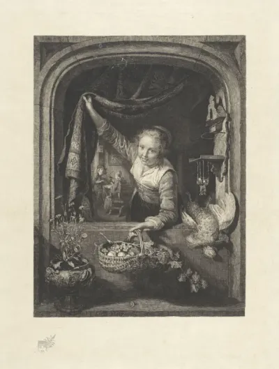 Vrouw met fruitmand in venster