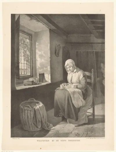 Vrouw met handwerk bij een raam