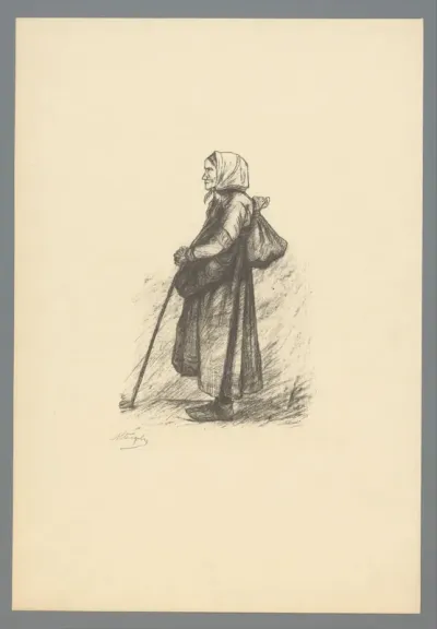 Vrouw met hoofddoek, stok en een zak op de rug