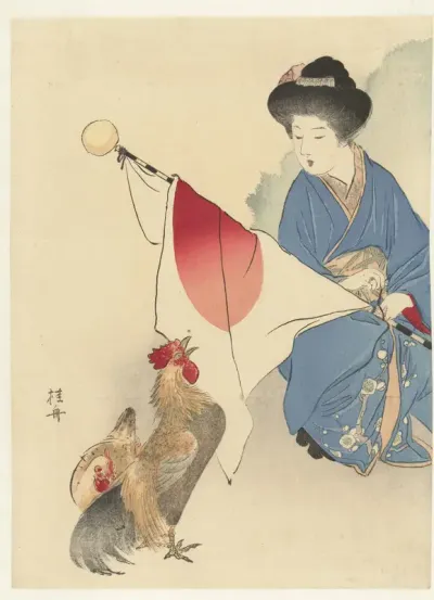 Vrouw met Japanse vlag en een haan