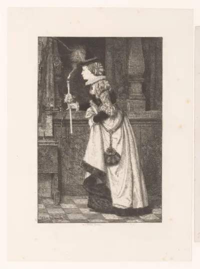 Vrouw met kaars in haar hand in een kerkinterieur