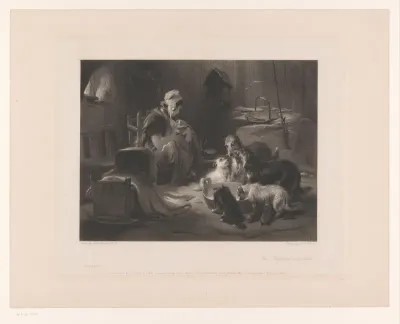 Vrouw met kind aan de borst en vijf honden rond een drinkbak