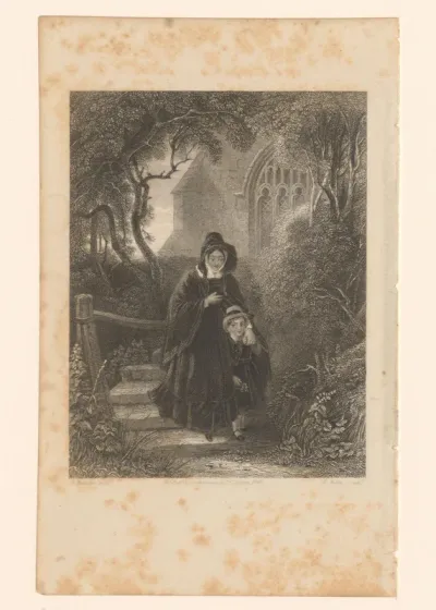 Vrouw met kind aan de hand komt uit de kerk