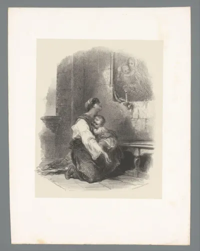 Vrouw met kind aanbidt in een kerk schilderij van Maria met kind