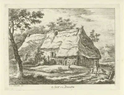 Vrouw met kind bij een boerderij