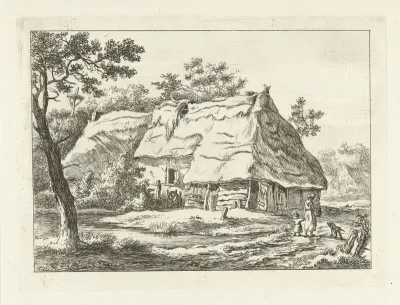 Vrouw met kind bij een boerderij