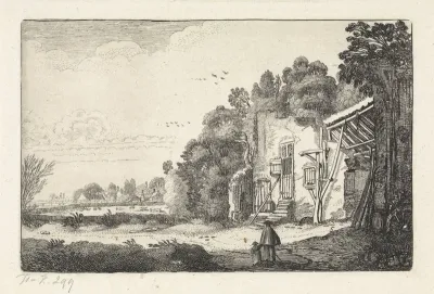 Vrouw met kind bij een ruïne van een huis
