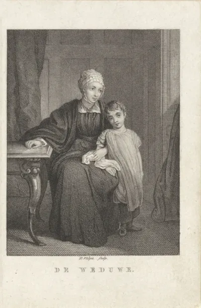 Vrouw met kind bij een tafel in een interieur