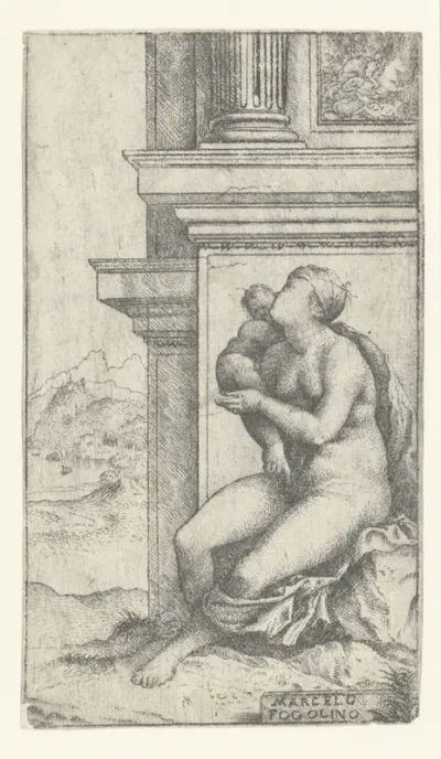 Vrouw met kind zit bij klassiek gebouw