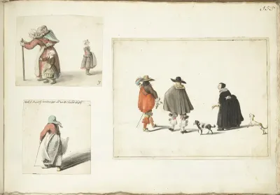 Vrouw met kinderen, een lopende vrouw en een vrouw pratend met twee mannen
