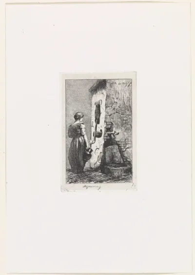 Vrouw met kruik bij waterpomp