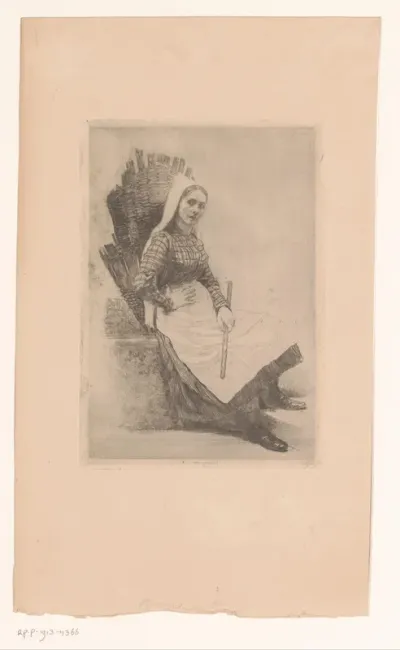 Vrouw met mand op haar rug en een stok in haar hand
