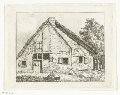 Vrouw met mand zittend voor een huis