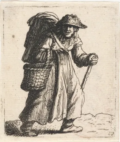 Vrouw met manden en wandelstok