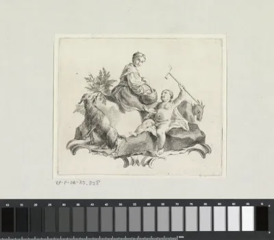 Vrouw met mandje, een putto met harkachtig gereedschap en twee geiten